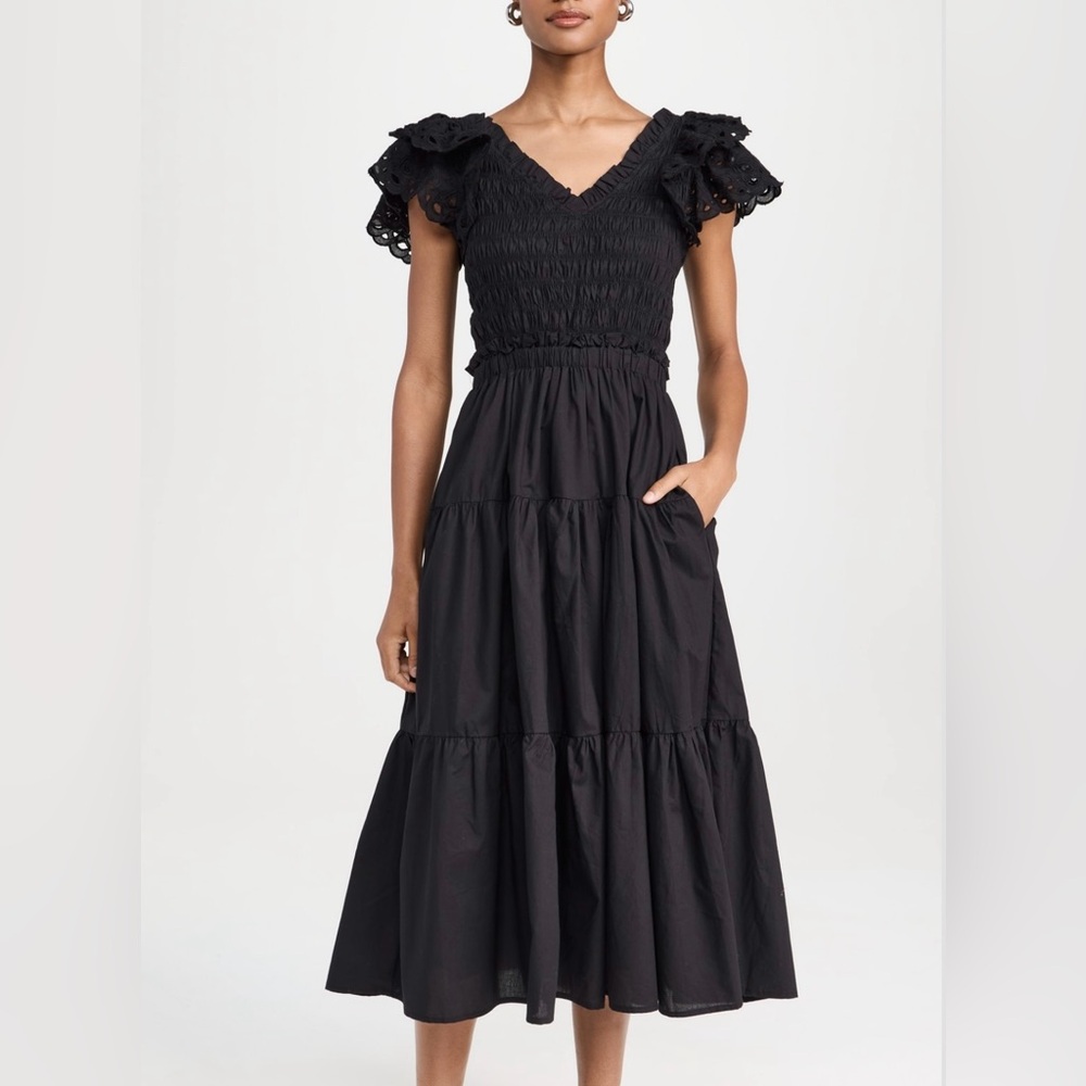 En Saison Black Amaya Midi Dress with Ruffle Sleeves NWT